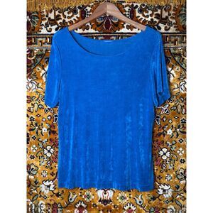 90s Vintage Cerulean Blue Slinky Knit Liquid Metal T-Shirt Women's size L/XL